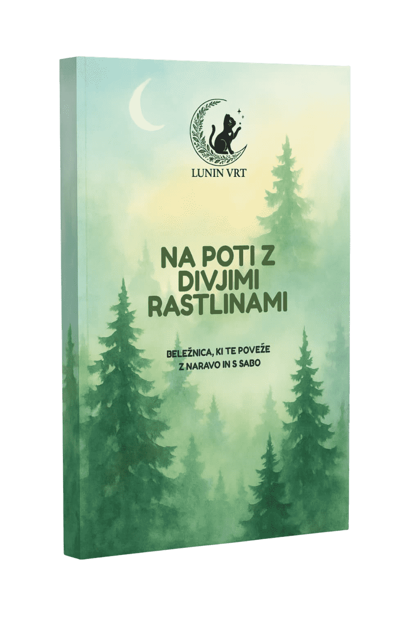 3D prikaz nabiralniške beležnice Na poti z divjimi rastlinami Lunin vrt, priročne knjižice za zapisovanje zelišč in plodov iz narave.