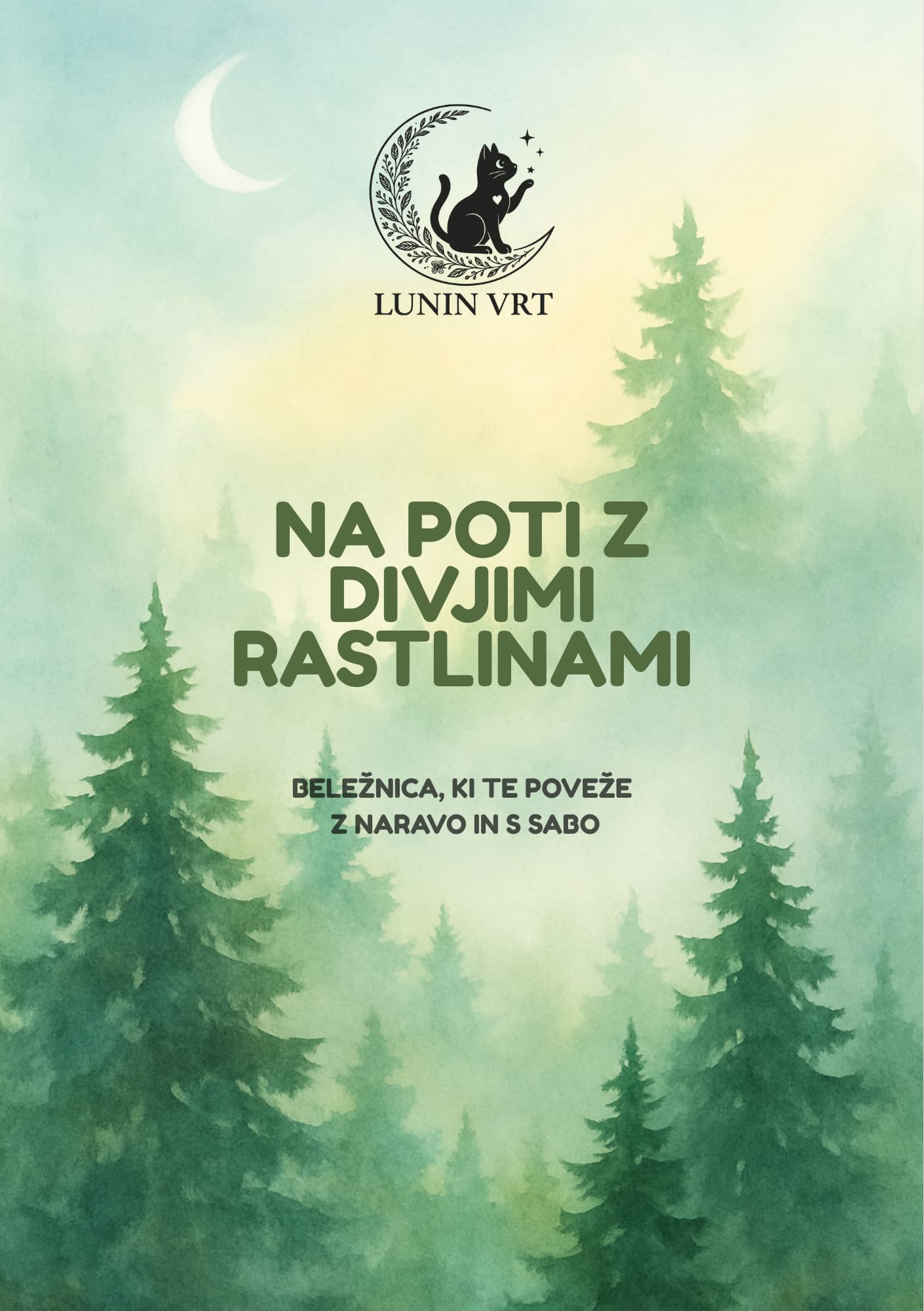Naslovnica nabiralniške beležnice Na poti z divjimi rastlinami Lunin vrt, z motivom gozda, polmeseca in logotipom mačke, ki simbolizira povezavo z naravo.